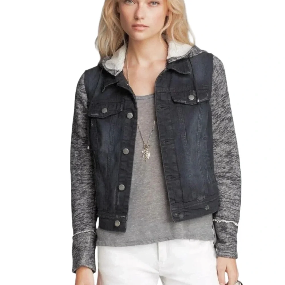FP Throwback Distressed Denim Jacket Removable Hood Indie Grunge Black Large - Picture 2 of 9